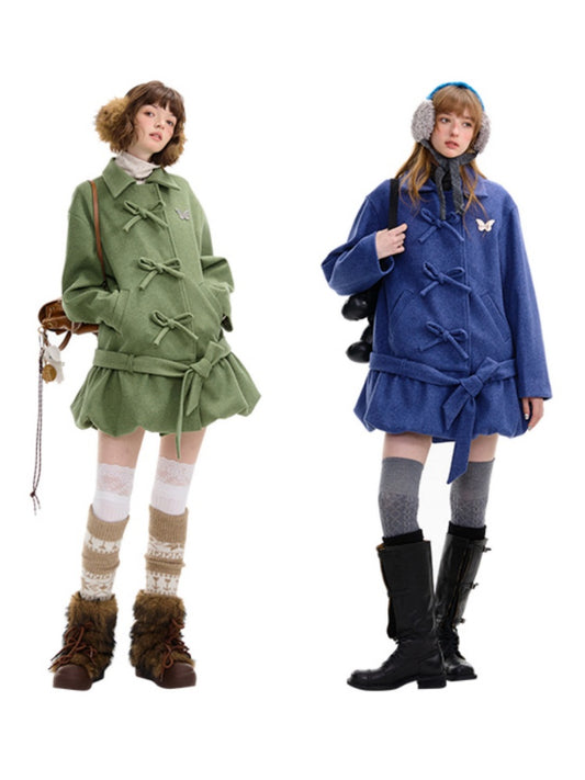 American Retro Design Bow Pocket Hem Mid-Length Woolen Coat Jacket【s0000014754】