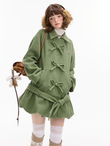 American Retro Design Bow Pocket Hem Mid-Length Woolen Coat Jacket【s0000014754】