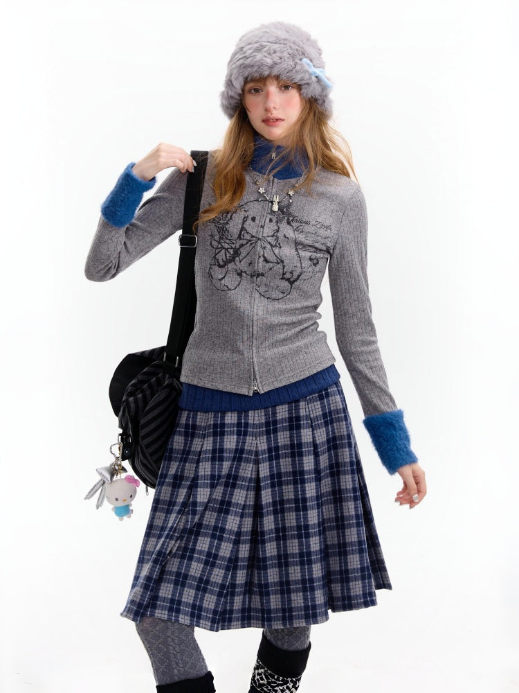 American Stitch Work Fur Collar Zipper Rabbit Print Turtle Neck Inner Top Knitted Base Shirt【s0000014755】