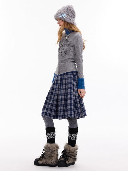 American Stitch Work Fur Collar Zipper Rabbit Print Turtle Neck Inner Top Knitted Base Shirt【s0000014755】