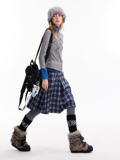 American Stitch Work Fur Collar Zipper Rabbit Print Turtle Neck Inner Top Knitted Base Shirt【s0000014755】