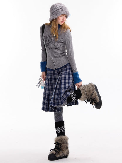 American Stitch Work Fur Collar Zipper Rabbit Print Turtle Neck Inner Top Knitted Base Shirt【s0000014755】