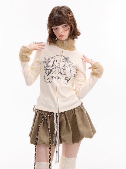 American Stitch Work Fur Collar Zipper Rabbit Print Turtle Neck Inner Top Knitted Base Shirt【s0000014755】