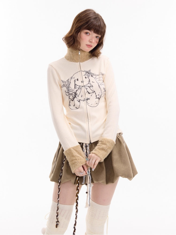 American Stitch Work Fur Collar Zipper Rabbit Print Turtle Neck Inner Top Knitted Base Shirt【s0000014755】