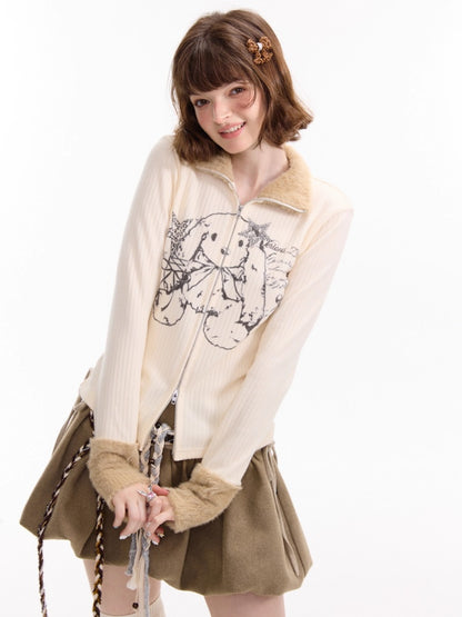 American Stitch Work Fur Collar Zipper Rabbit Print Turtle Neck Inner Top Knitted Base Shirt【s0000014755】