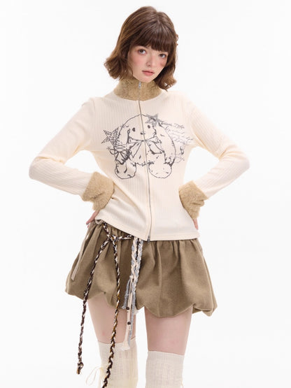 American Stitch Work Fur Collar Zipper Rabbit Print Turtle Neck Inner Top Knitted Base Shirt【s0000014755】