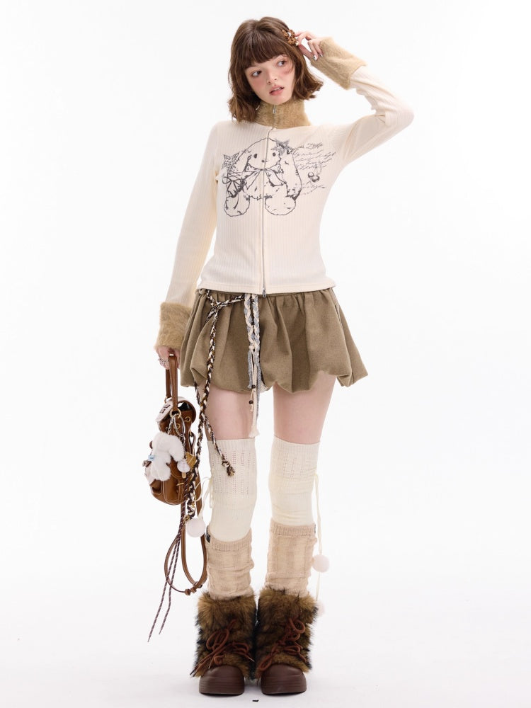 American Stitch Work Fur Collar Zipper Rabbit Print Turtle Neck Inner Top Knitted Base Shirt【s0000014755】