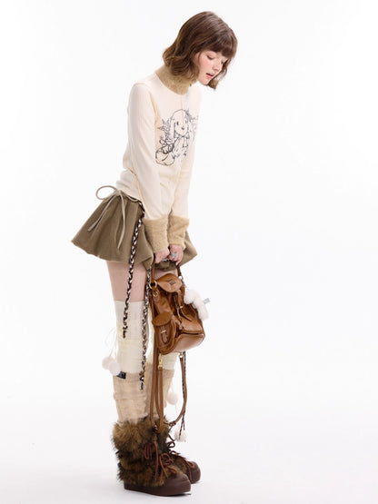 American Stitch Work Fur Collar Zipper Rabbit Print Turtle Neck Inner Top Knitted Base Shirt【s0000014755】