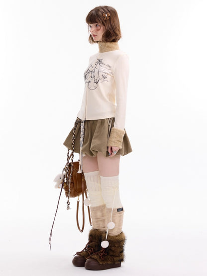 American Stitch Work Fur Collar Zipper Rabbit Print Turtle Neck Inner Top Knitted Base Shirt【s0000014755】