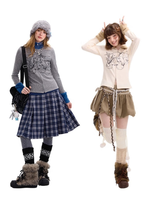 American Stitch Work Fur Collar Zipper Rabbit Print Turtle Neck Inner Top Knitted Base Shirt【s0000014755】