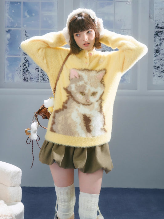 American Retro Design Sense Cat Print Soft Glutinous Lazy Style Sweater【s0000014756】