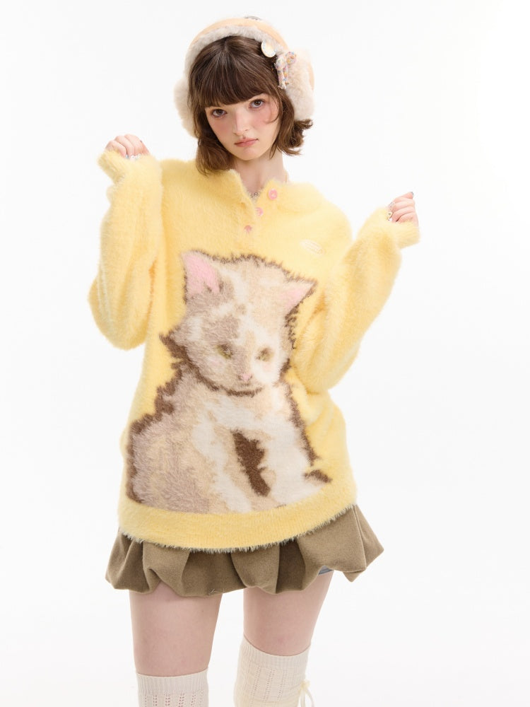 American Retro Design Sense Cat Print Soft Glutinous Lazy Style Sweater【s0000014756】