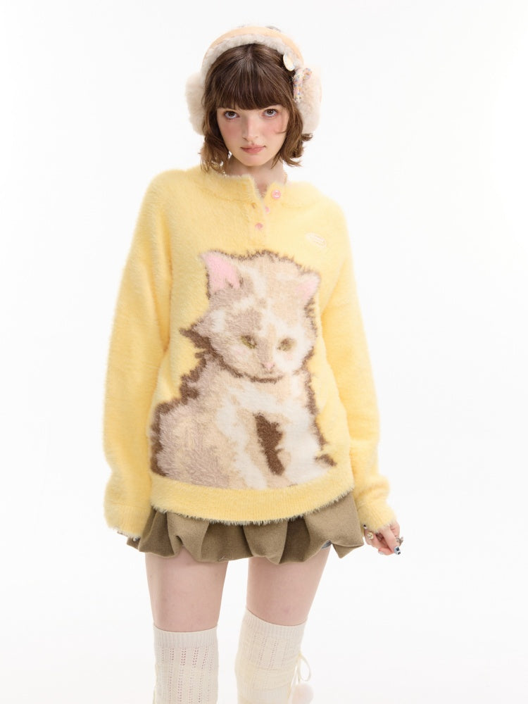 American Retro Design Sense Cat Print Soft Glutinous Lazy Style Sweater【s0000014756】