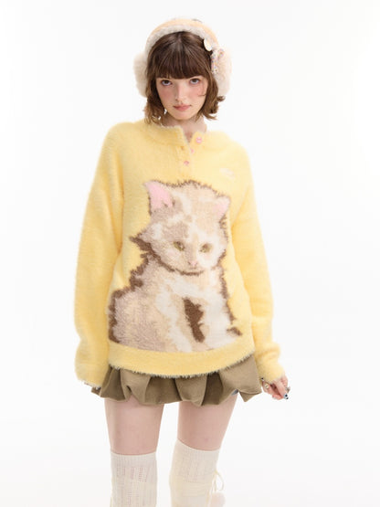 American Retro Design Sense Cat Print Soft Glutinous Lazy Style Sweater【s0000014756】