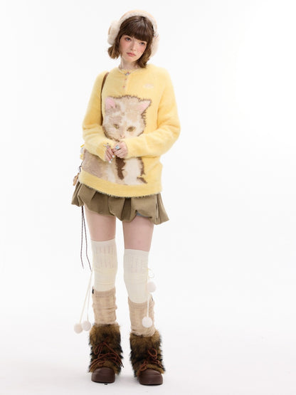 American Retro Design Sense Cat Print Soft Glutinous Lazy Style Sweater【s0000014756】