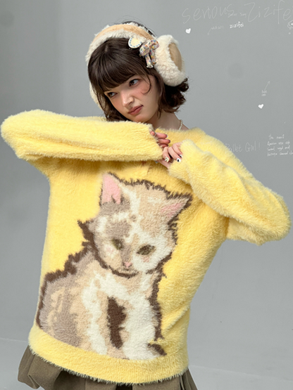 American Retro Design Sense Cat Print Soft Glutinous Lazy Style Sweater【s0000014756】