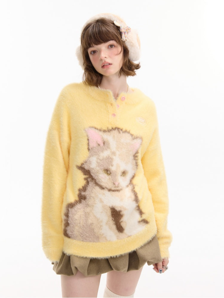 American Retro Design Sense Cat Print Soft Glutinous Lazy Style Sweater【s0000014756】