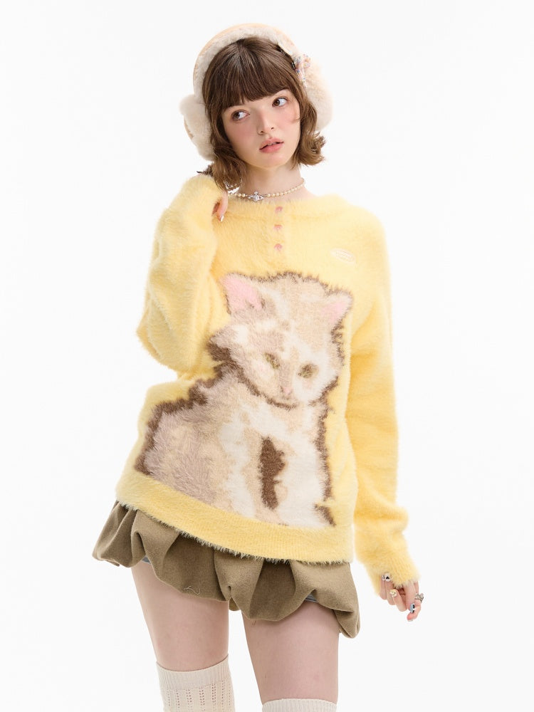 American Retro Design Sense Cat Print Soft Glutinous Lazy Style Sweater【s0000014756】
