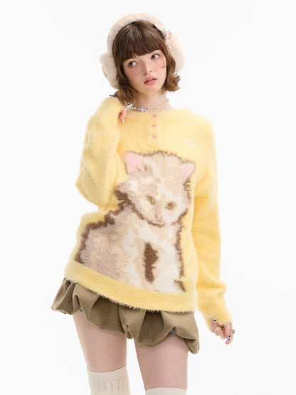 American Retro Design Sense Cat Print Soft Glutinous Lazy Style Sweater【s0000014756】