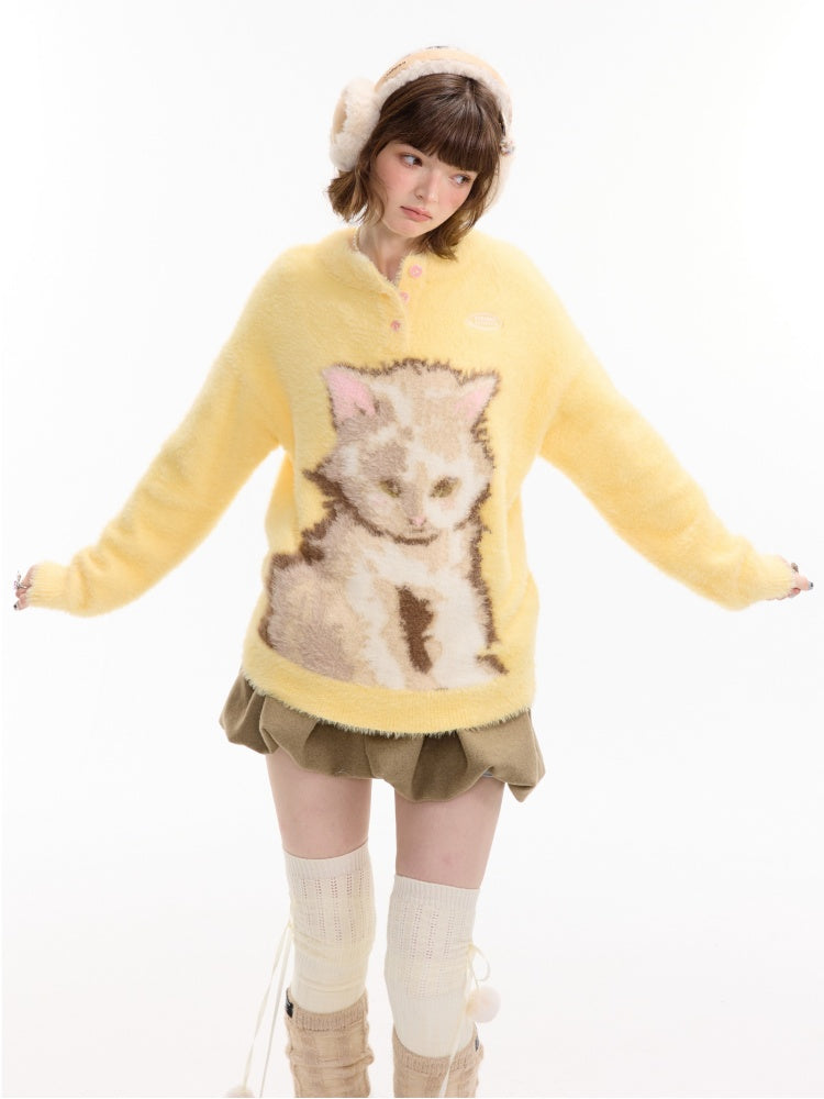 American Retro Design Sense Cat Print Soft Glutinous Lazy Style Sweater【s0000014756】