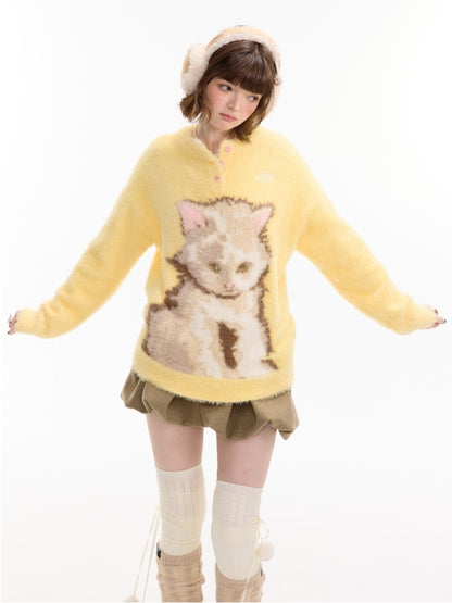 American Retro Design Sense Cat Print Soft Glutinous Lazy Style Sweater【s0000014756】