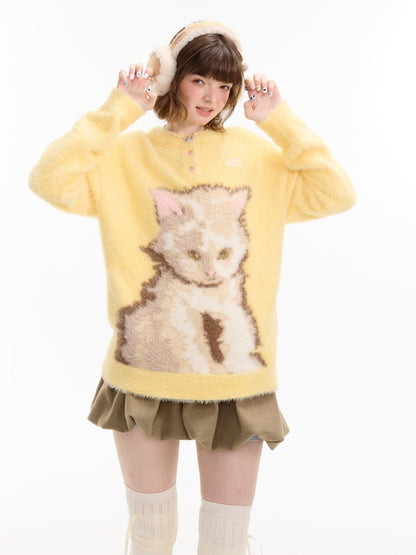 American Retro Design Sense Cat Print Soft Glutinous Lazy Style Sweater【s0000014756】