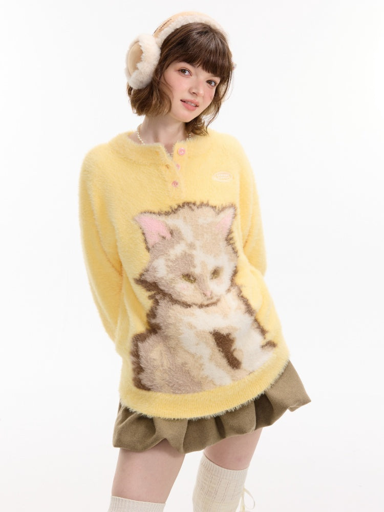 American Retro Design Sense Cat Print Soft Glutinous Lazy Style Sweater【s0000014756】