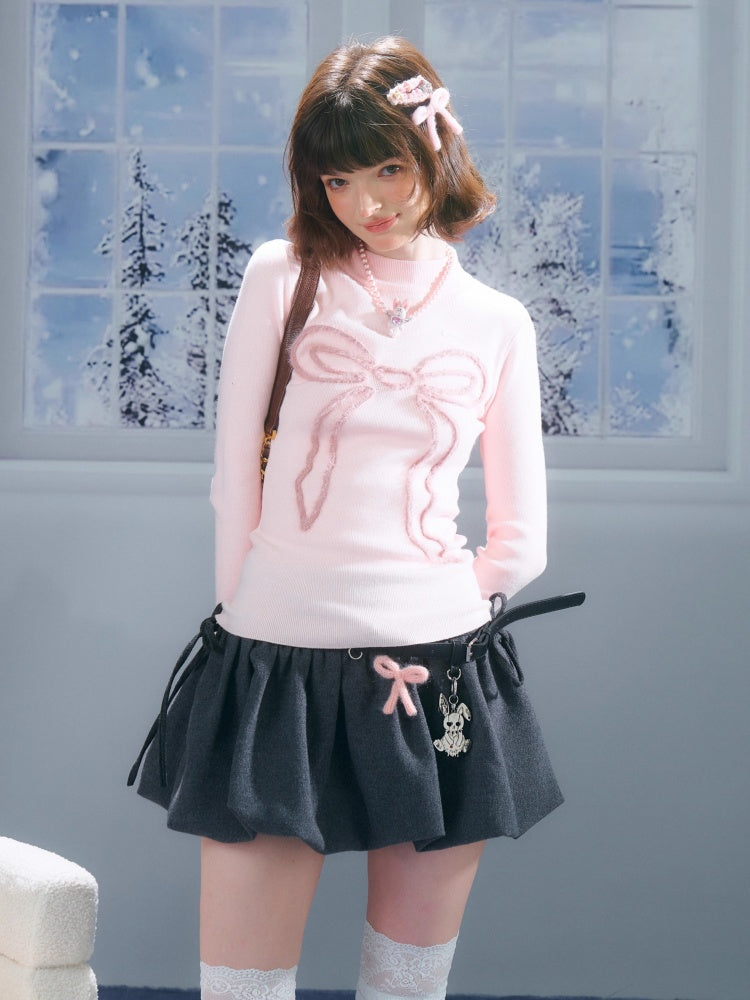 American Design Bow Pattern Semi-High Neck Slim Knitted Base Shirt【s0000014757】