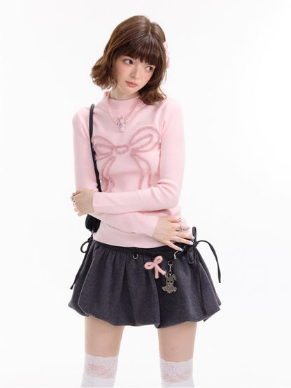 American Design Bow Pattern Semi-High Neck Slim Knitted Base Shirt【s0000014757】