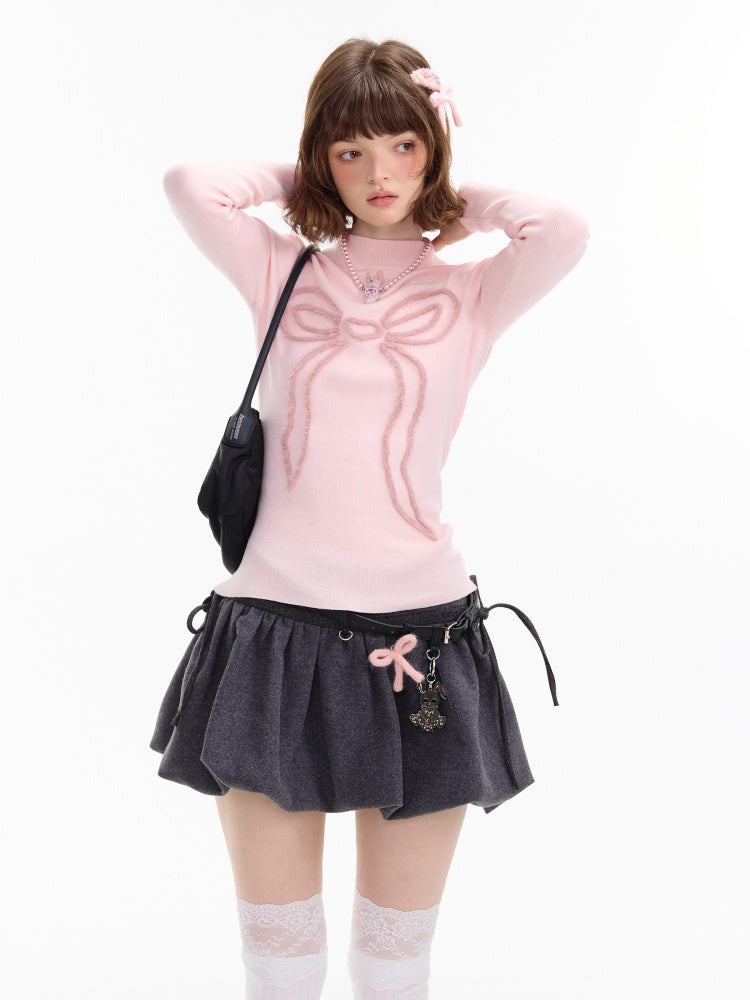 American Design Bow Pattern Semi-High Neck Slim Knitted Base Shirt【s0000014757】