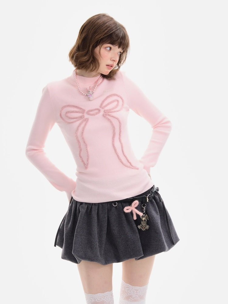 American Design Bow Pattern Semi-High Neck Slim Knitted Base Shirt【s0000014757】