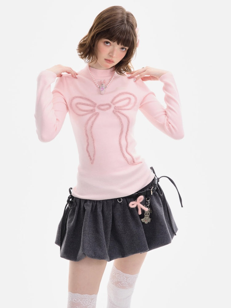 American Design Bow Pattern Semi-High Neck Slim Knitted Base Shirt【s0000014757】