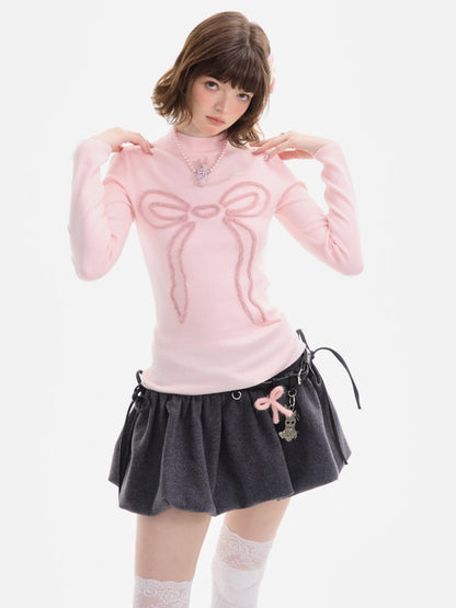 American Design Bow Pattern Semi-High Neck Slim Knitted Base Shirt【s0000014757】