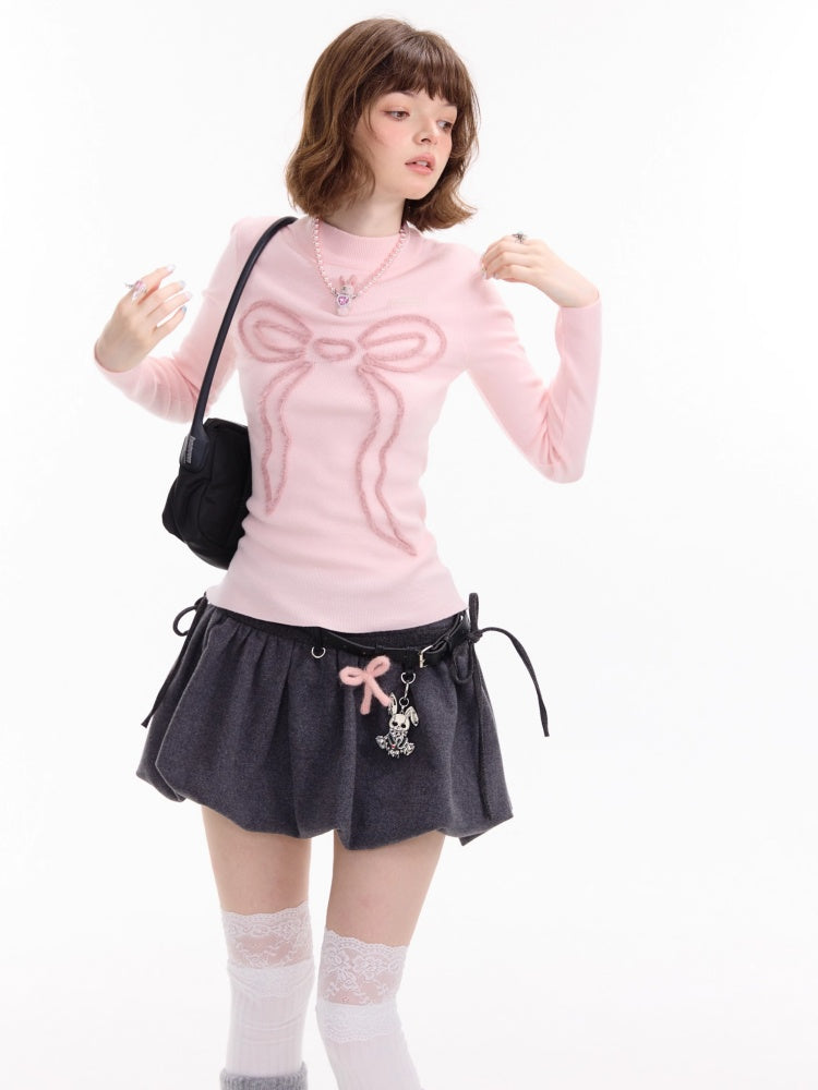 American Design Bow Pattern Semi-High Neck Slim Knitted Base Shirt【s0000014757】