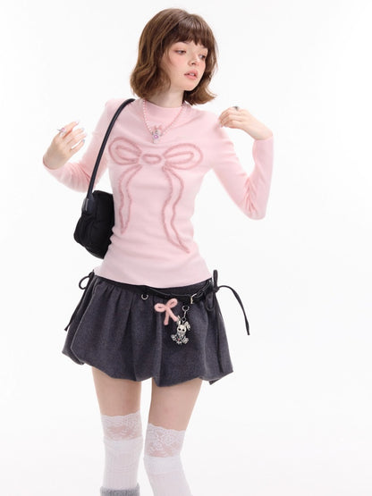 American Design Bow Pattern Semi-High Neck Slim Knitted Base Shirt【s0000014757】