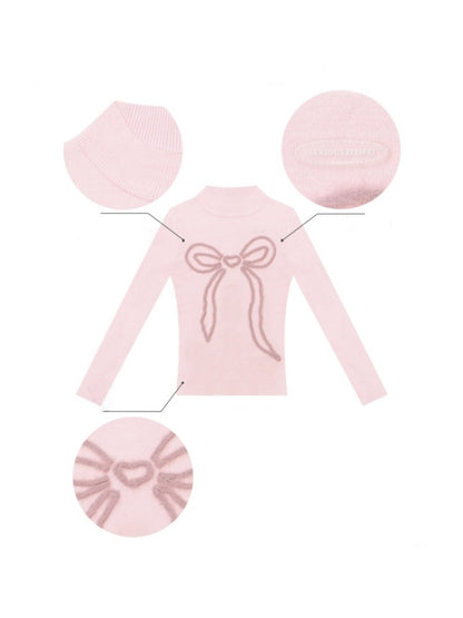 American Design Bow Pattern Semi-High Neck Slim Knitted Base Shirt【s0000014757】