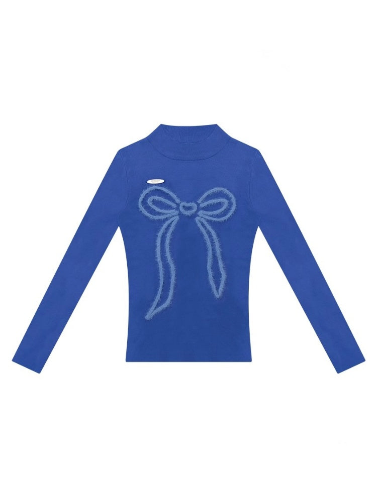 American Design Bow Pattern Semi-High Neck Slim Knitted Base Shirt【s0000014757】