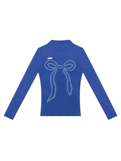 American Design Bow Pattern Semi-High Neck Slim Knitted Base Shirt【s0000014757】