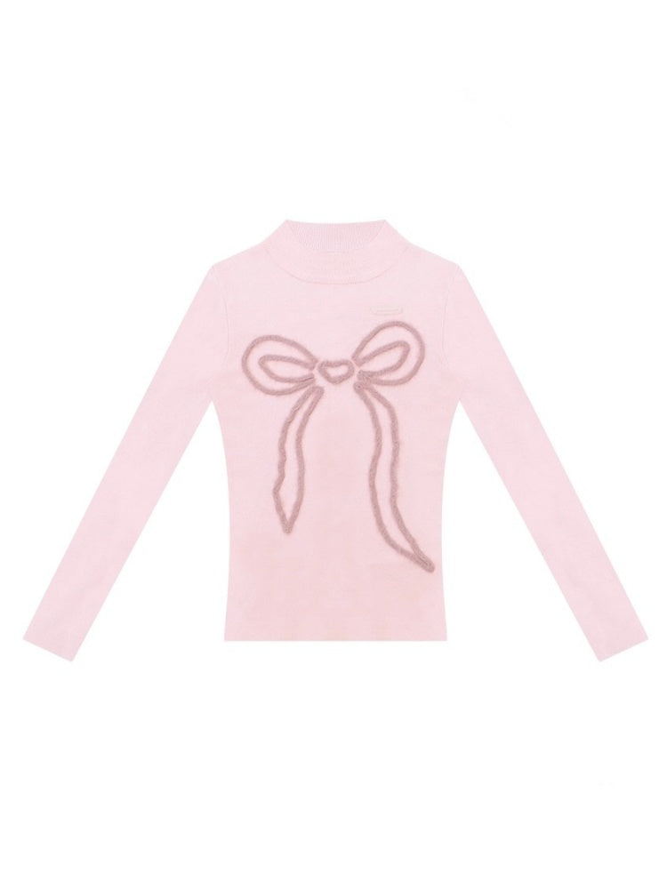 American Design Bow Pattern Semi-High Neck Slim Knitted Base Shirt【s0000014757】