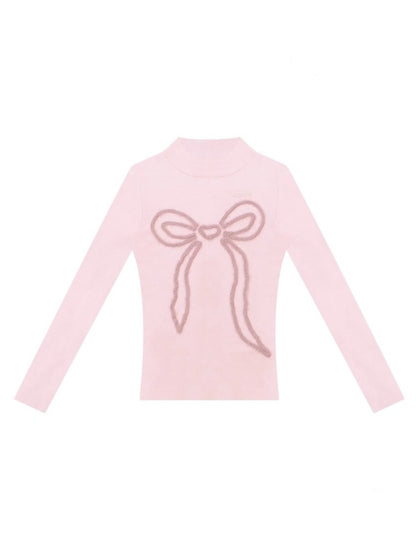 American Design Bow Pattern Semi-High Neck Slim Knitted Base Shirt【s0000014757】