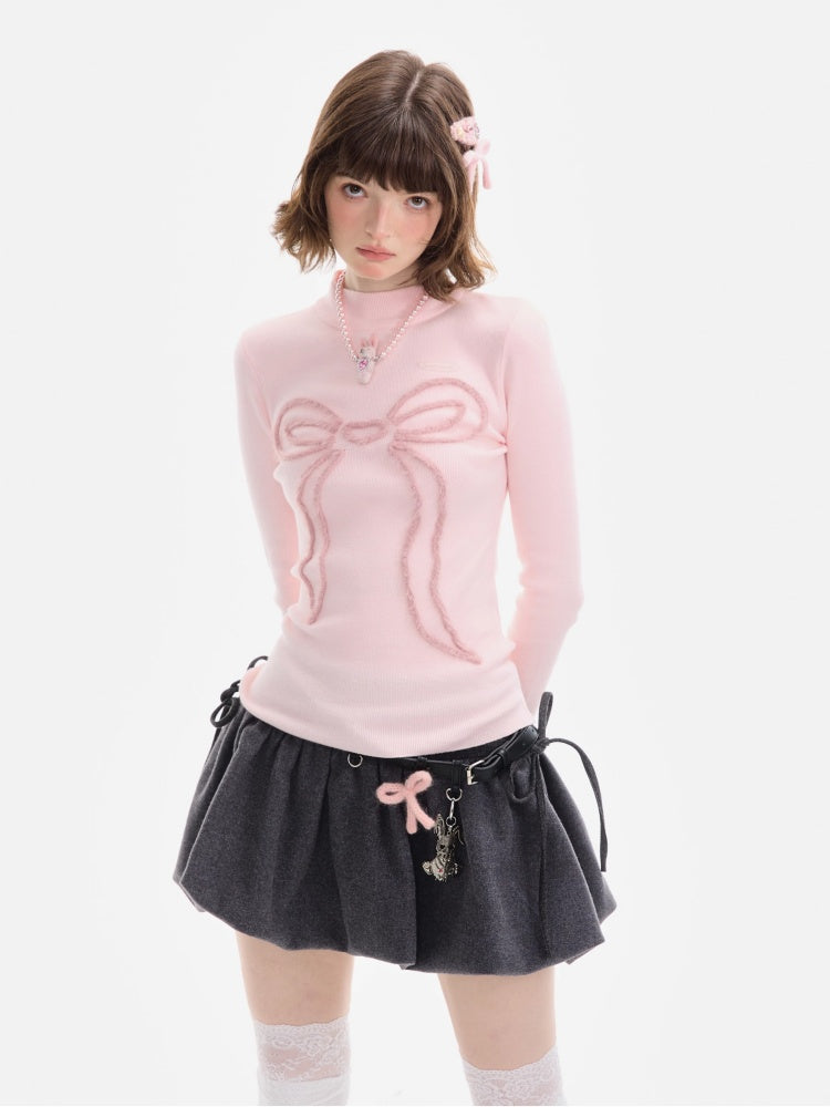 American Design Bow Pattern Semi-High Neck Slim Knitted Base Shirt【s0000014757】