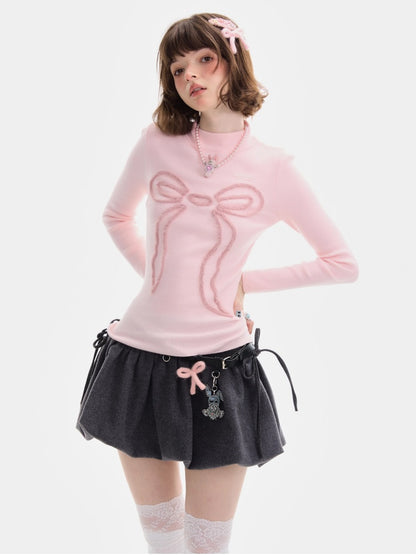 American Design Bow Pattern Semi-High Neck Slim Knitted Base Shirt【s0000014757】