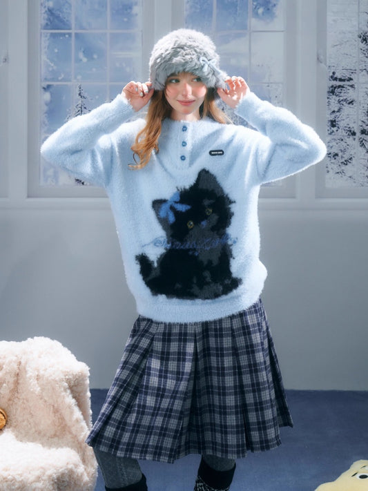 American Retro Design Cat Print Soft Waxy Lazy Sweater【s0000014758】