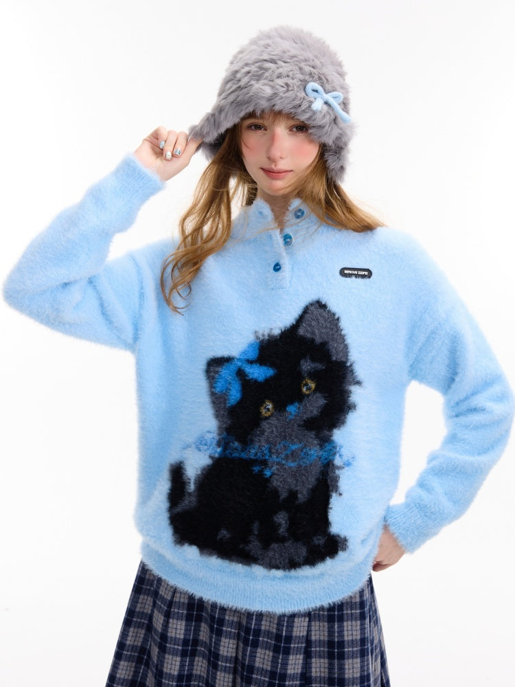 American Retro Design Cat Print Soft Waxy Lazy Sweater【s0000014758】