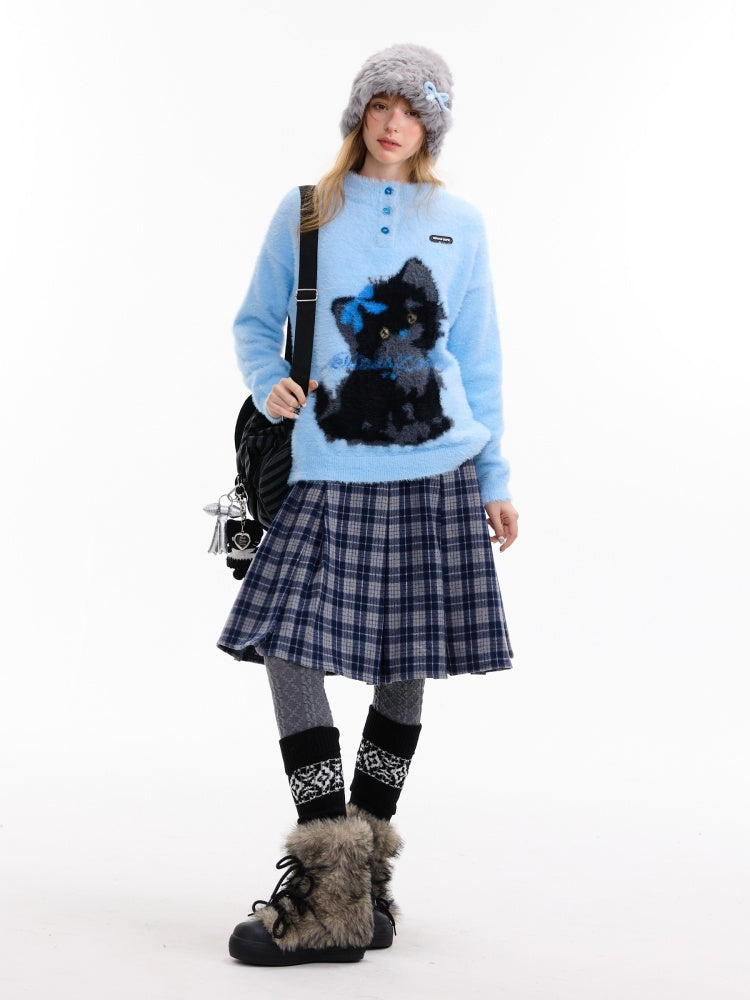 American Retro Design Cat Print Soft Waxy Lazy Sweater【s0000014758】