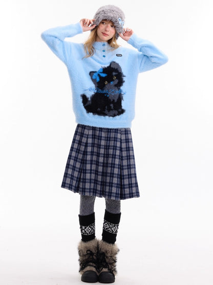 American Retro Design Cat Print Soft Waxy Lazy Sweater【s0000014758】