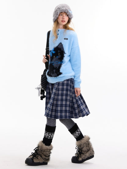 American Retro Design Cat Print Soft Waxy Lazy Sweater【s0000014758】