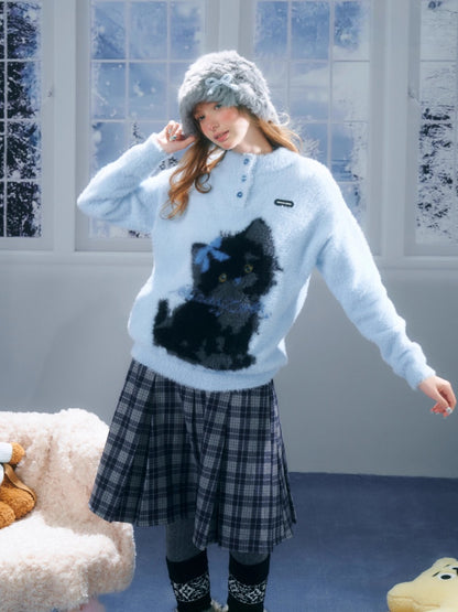 American Retro Design Cat Print Soft Waxy Lazy Sweater【s0000014758】