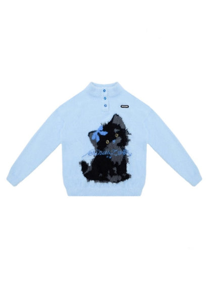American Retro Design Cat Print Soft Waxy Lazy Sweater【s0000014758】