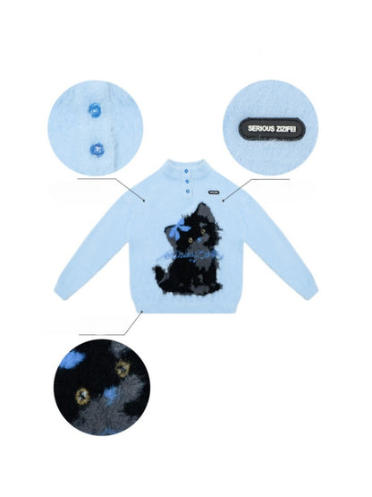 American Retro Design Cat Print Soft Waxy Lazy Sweater【s0000014758】